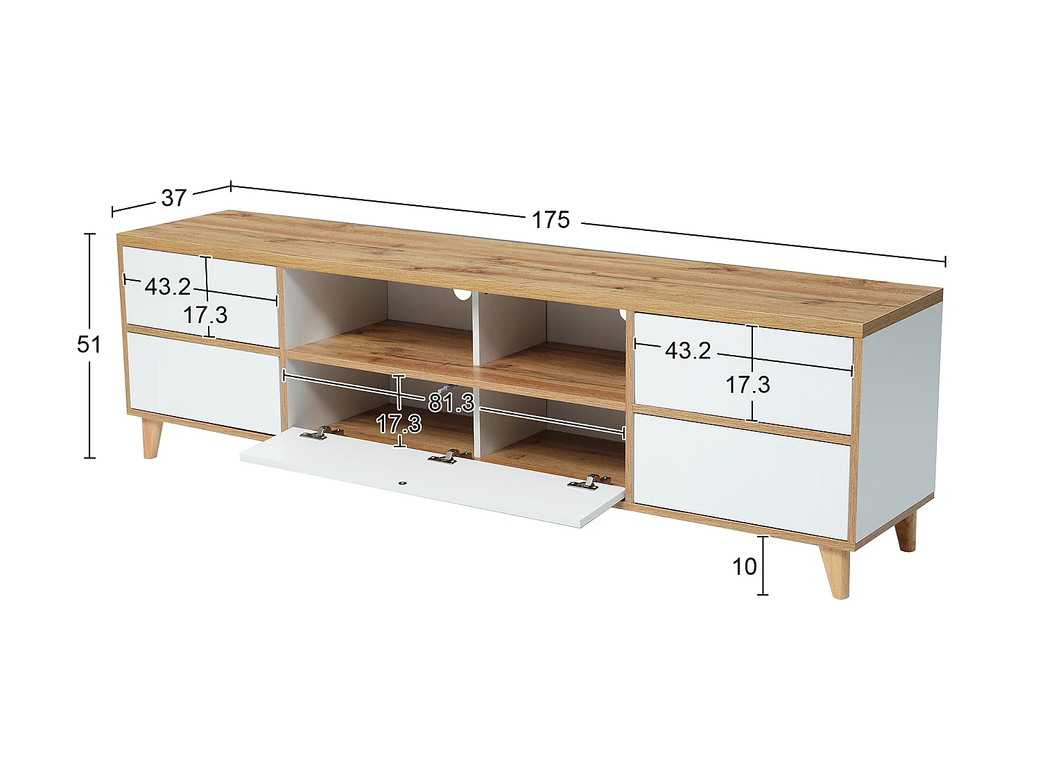 Mueble TV 175 cm - 5 puertas y 2 nichos - MDF - colores blanco y natural