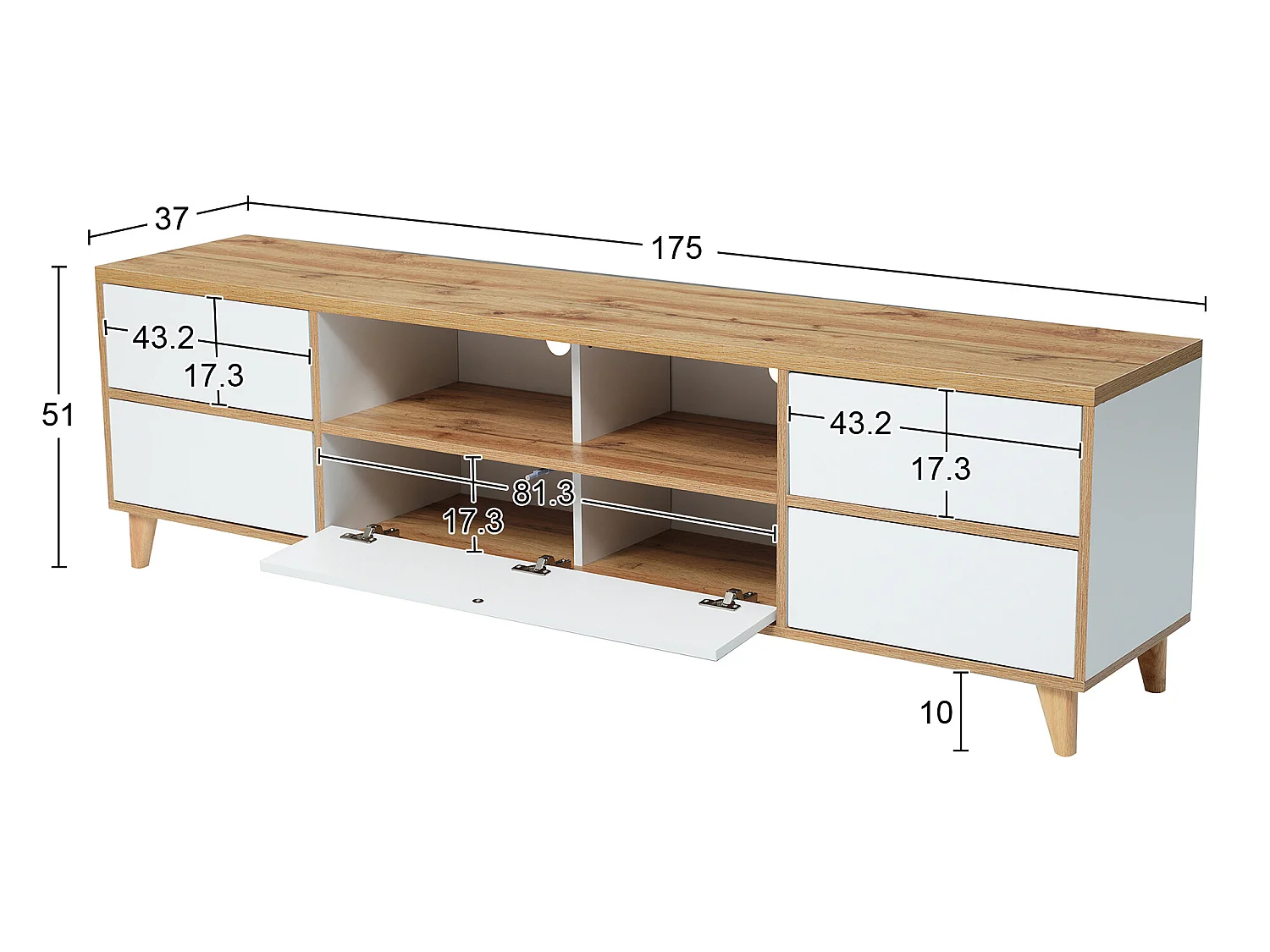 Mueble TV 175 cm - 5 puertas y 2 nichos - MDF - colores blanco y natural