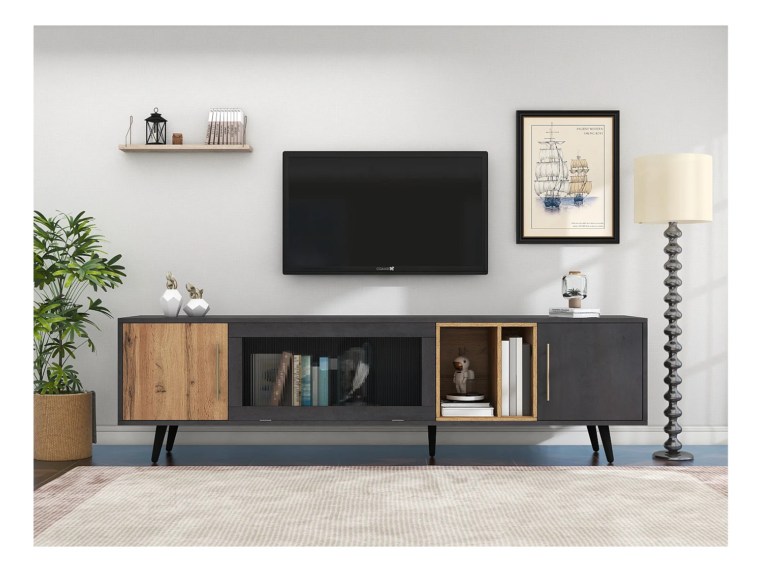 Meuble TV avec 3 portes et 2 niches - 200 x 40 x 55,5 cm - bois MDF - coloris gris et chêne