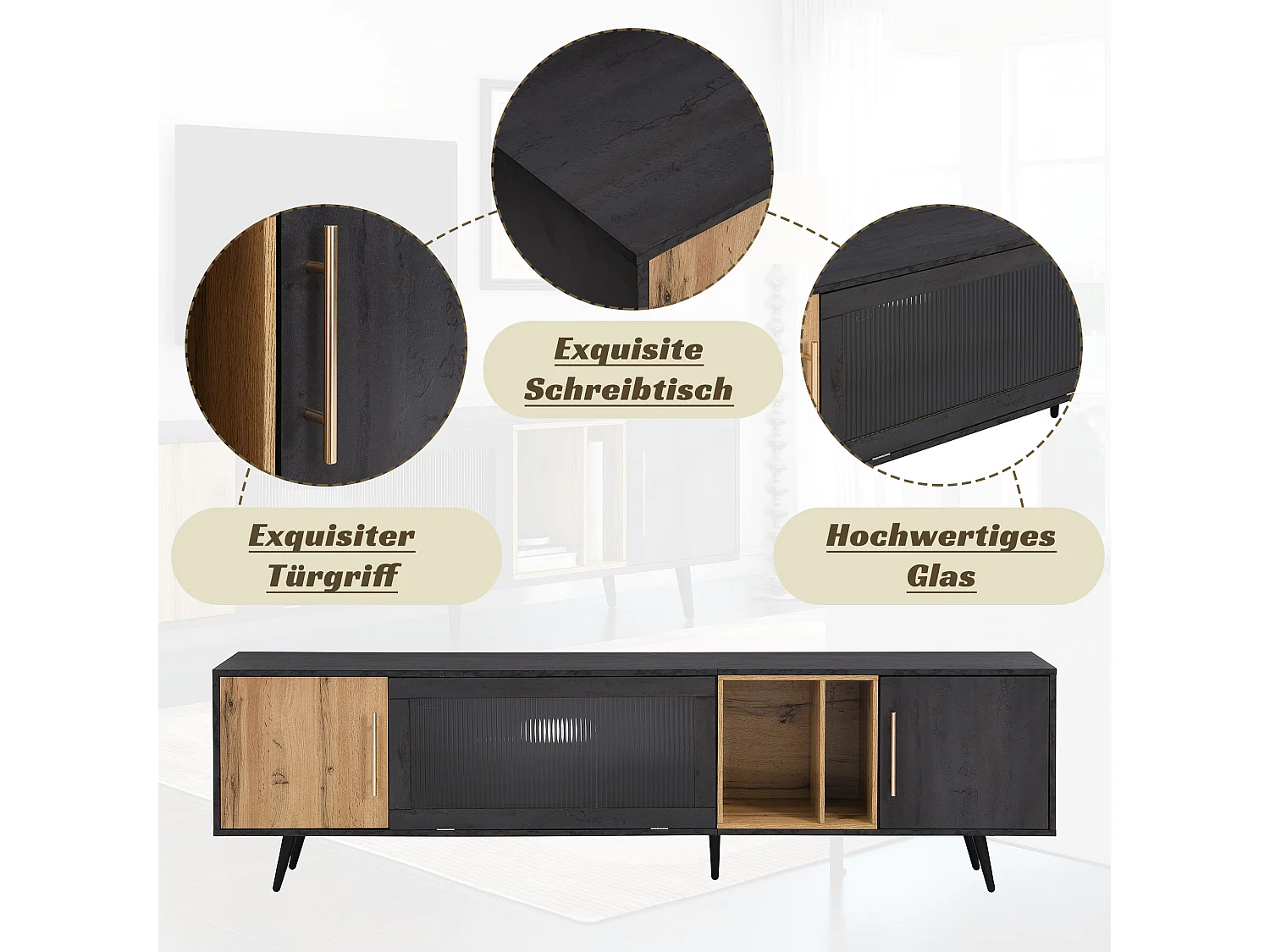 Meuble TV avec 3 portes et 2 niches - 200 x 40 x 55,5 cm - bois MDF - coloris gris et chêne