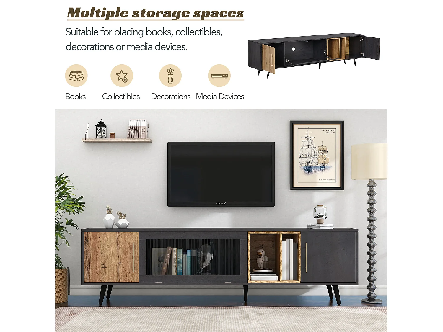 Meuble TV avec 3 portes et 2 niches - 200 x 40 x 55,5 cm - bois MDF - coloris gris et chêne