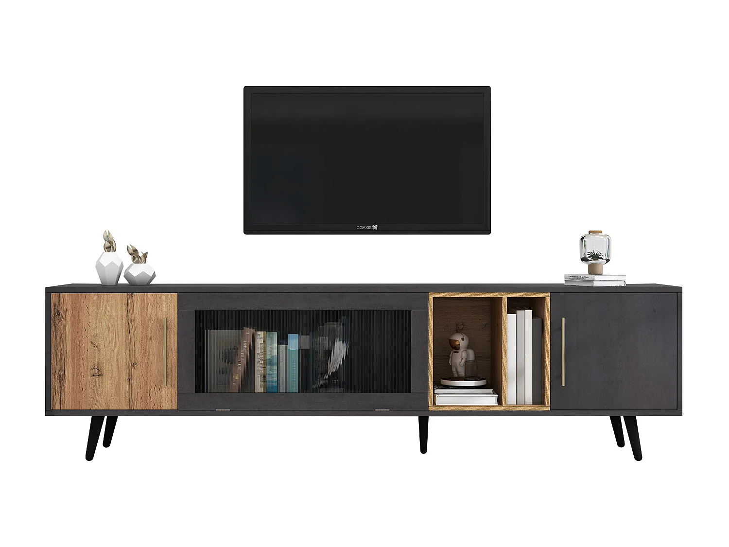 Meuble TV avec 3 portes et 2 niches - 200 x 40 x 55,5 cm - bois MDF - coloris gris et chêne