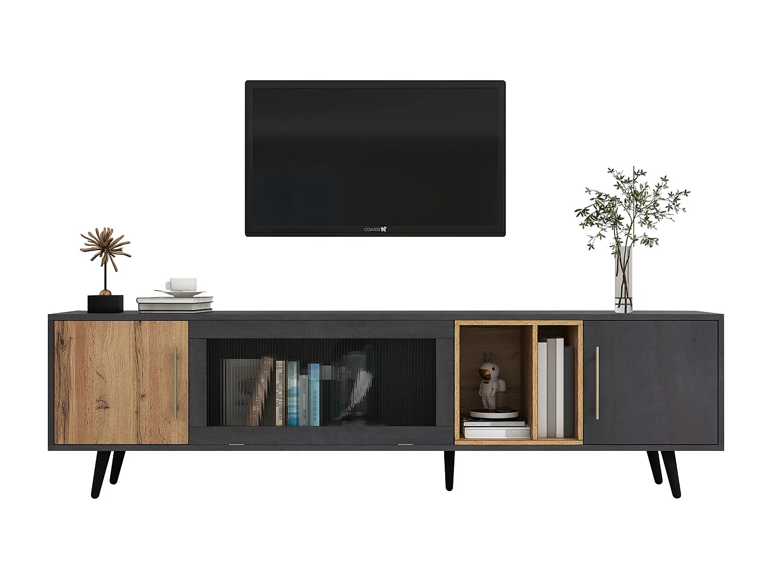 Meuble TV avec 3 portes et 2 niches - 200 x 40 x 55,5 cm - bois MDF - coloris gris et chêne