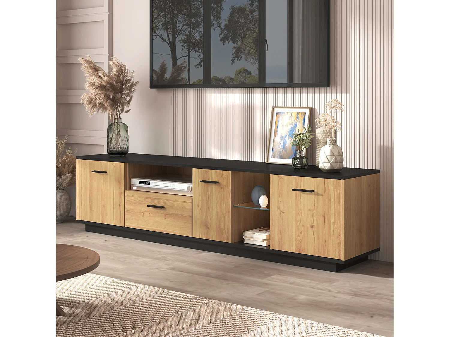 Meuble TV 180 cm - 3 portes, 3 niches et 1 tiroir - LEDs - coloris naturel et noir