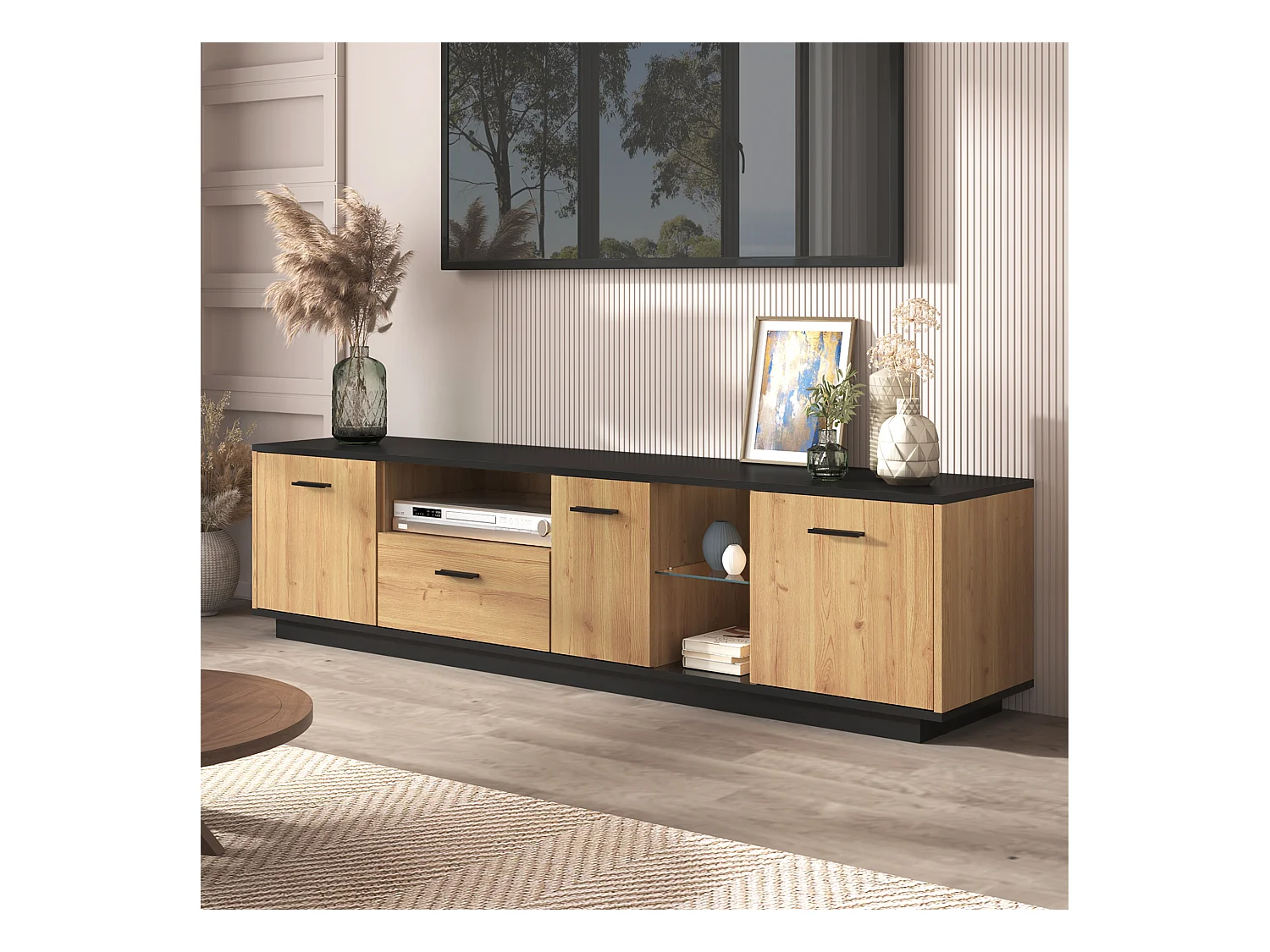 Meuble TV 180 cm - 3 portes, 3 niches et 1 tiroir - LEDs - coloris naturel et noir