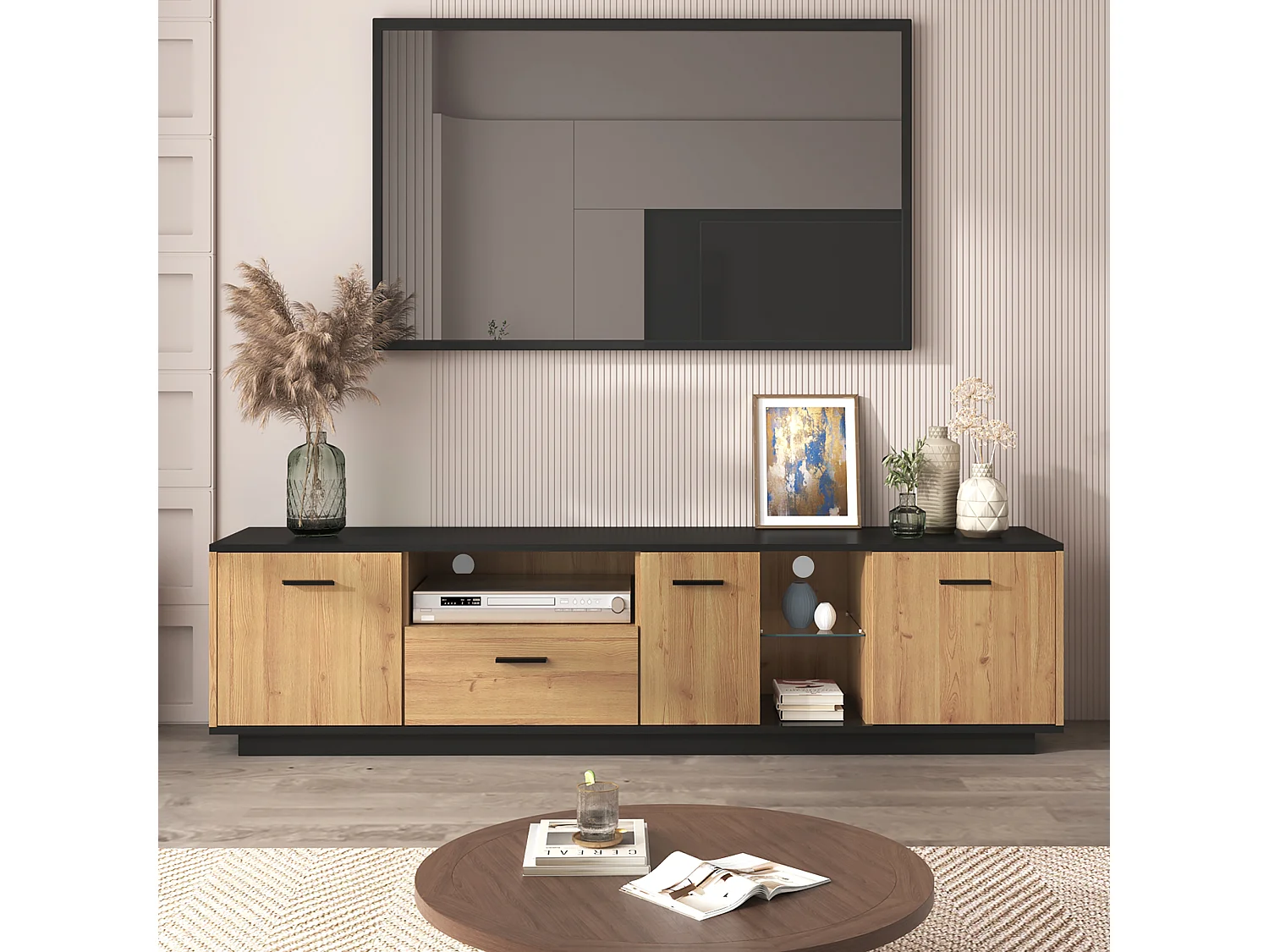 TV-meubel 180 cm - 3 deuren, 3 nissen en 1 lade - LED's - natuurlijke en zwarte kleuren