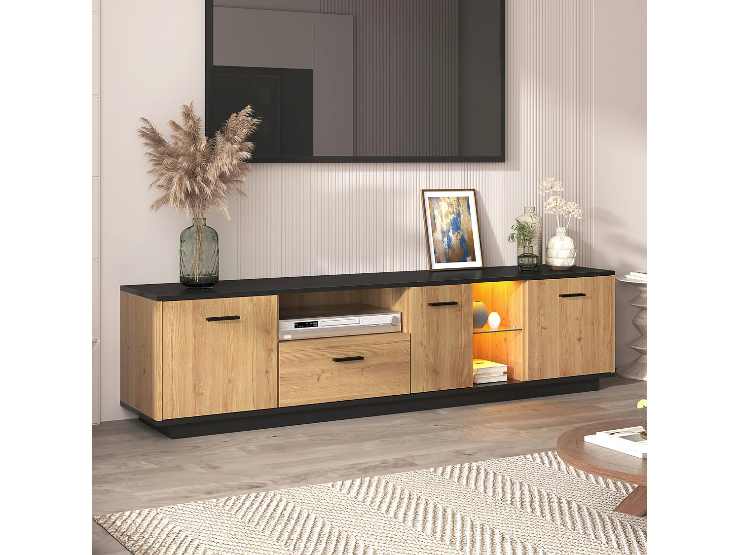 TV-meubel 180 cm - 3 deuren, 3 nissen en 1 lade - LED's - natuurlijke en zwarte kleuren