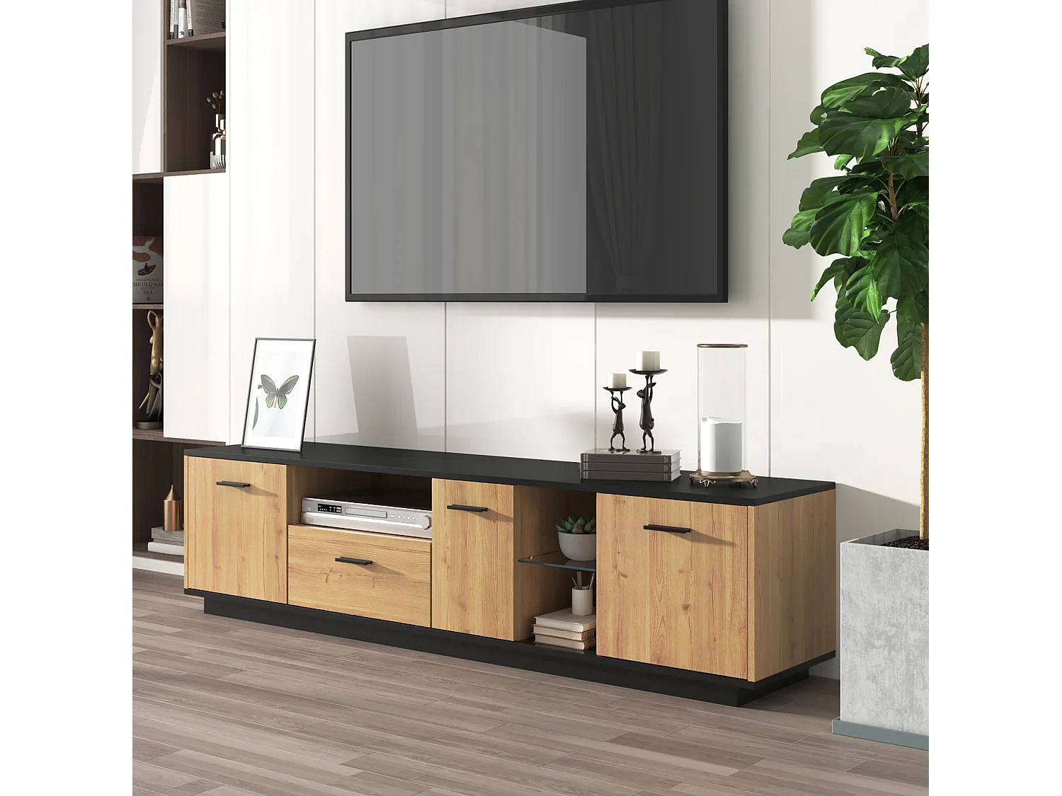 TV-meubel 180 cm - 3 deuren, 3 nissen en 1 lade - LED's - natuurlijke en zwarte kleuren