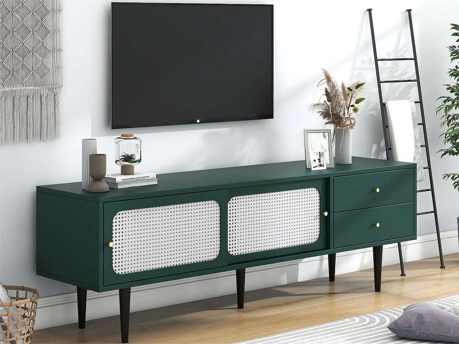 TV-meubel 120 cm - 2 schuifdeuren en 2 lades - MDF groen fineer en zwart metaal