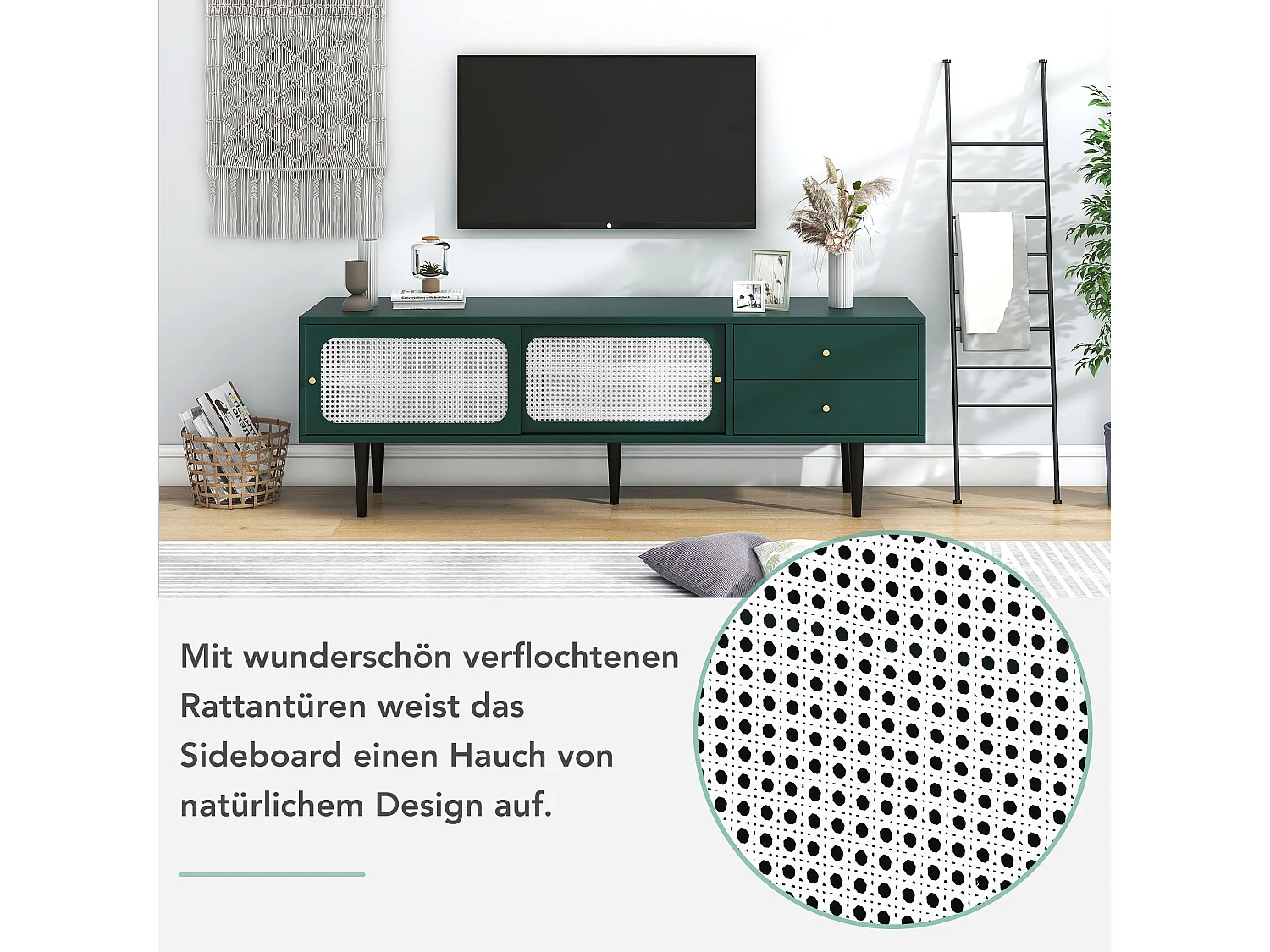 TV-meubel 120 cm - 2 schuifdeuren en 2 lades - MDF groen fineer en zwart metaal