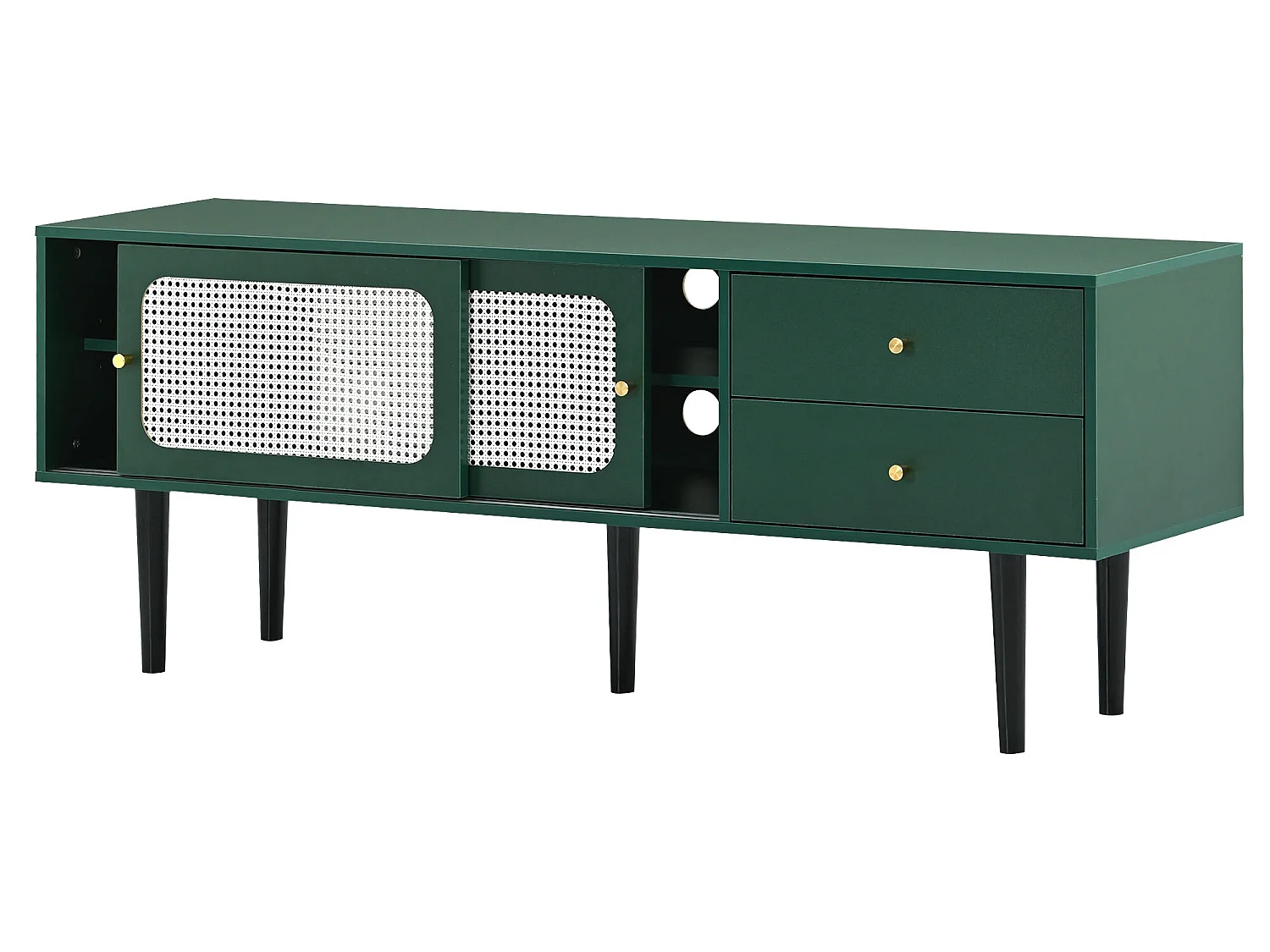 TV-meubel 120 cm - 2 schuifdeuren en 2 lades - MDF groen fineer en zwart metaal