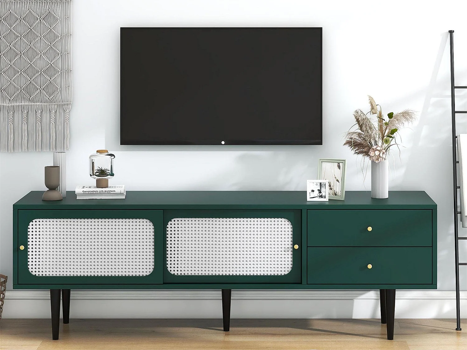 TV-meubel 120 cm - 2 schuifdeuren en 2 lades - MDF groen fineer en zwart metaal