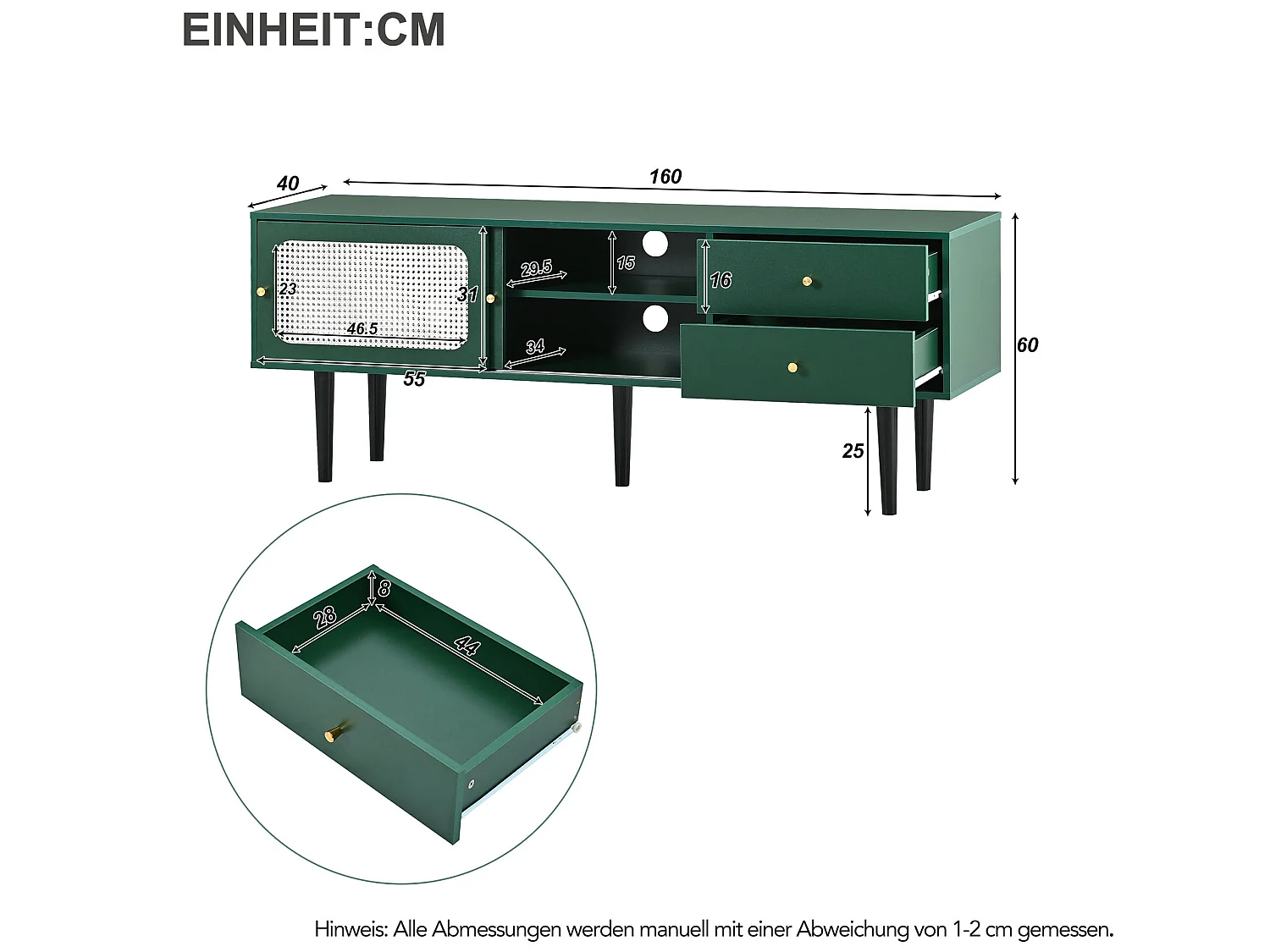 TV-meubel 120 cm - 2 schuifdeuren en 2 lades - MDF groen fineer en zwart metaal