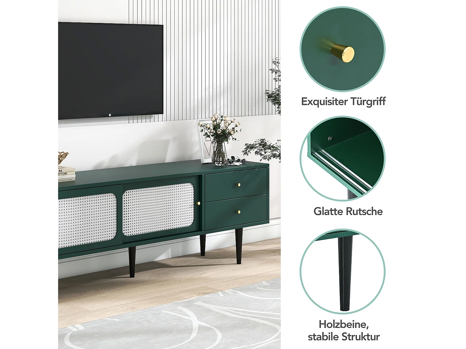 TV-meubel 120 cm - 2 schuifdeuren en 2 lades - MDF groen fineer en zwart metaal