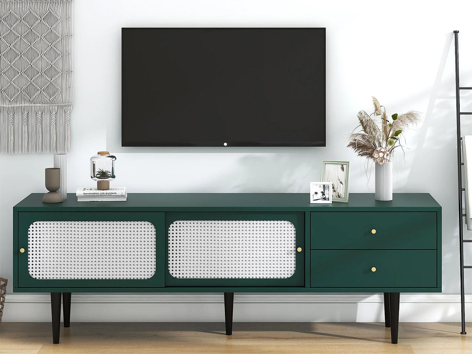 TV-meubel 120 cm - 2 schuifdeuren en 2 lades - MDF groen fineer en zwart metaal