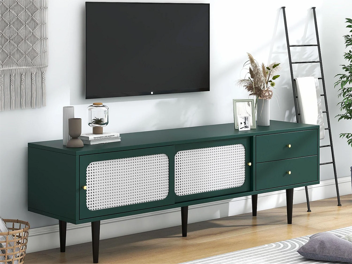 TV-meubel 120 cm - 2 schuifdeuren en 2 lades - MDF groen fineer en zwart metaal