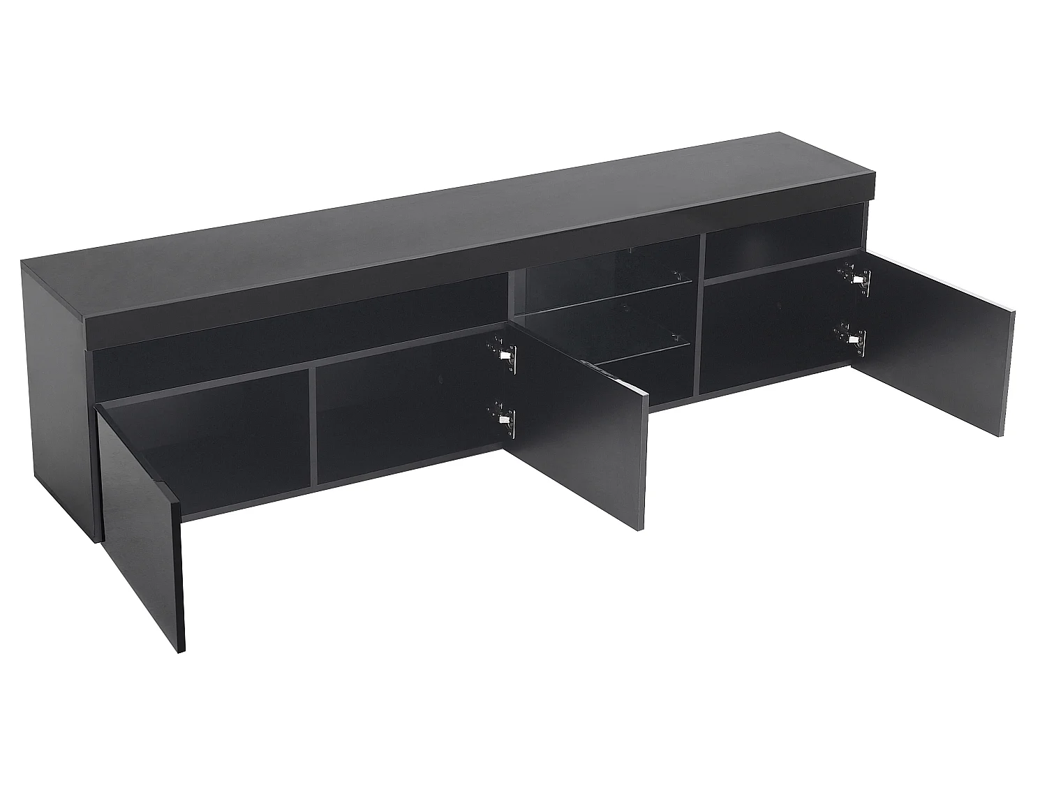 Meuble TV 180 cm - 3 portes et 3 niches - LEDs - laqué noir brillant