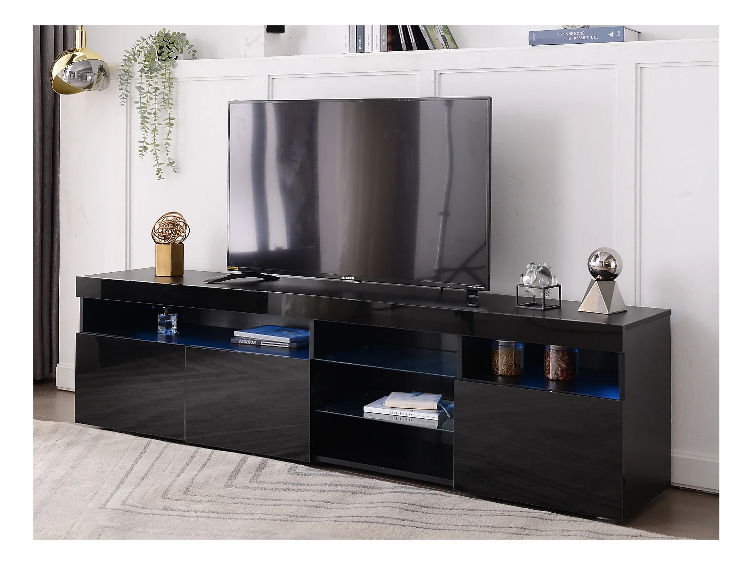 Meuble TV 180 cm - 3 portes et 3 niches - LEDs - laqué noir brillant