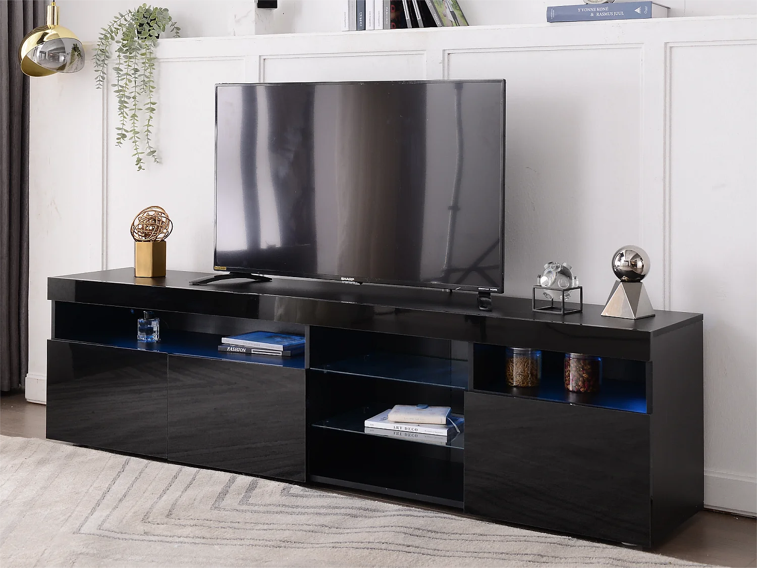 Meuble TV 180 cm - 3 portes et 3 niches - LEDs - laqué noir brillant