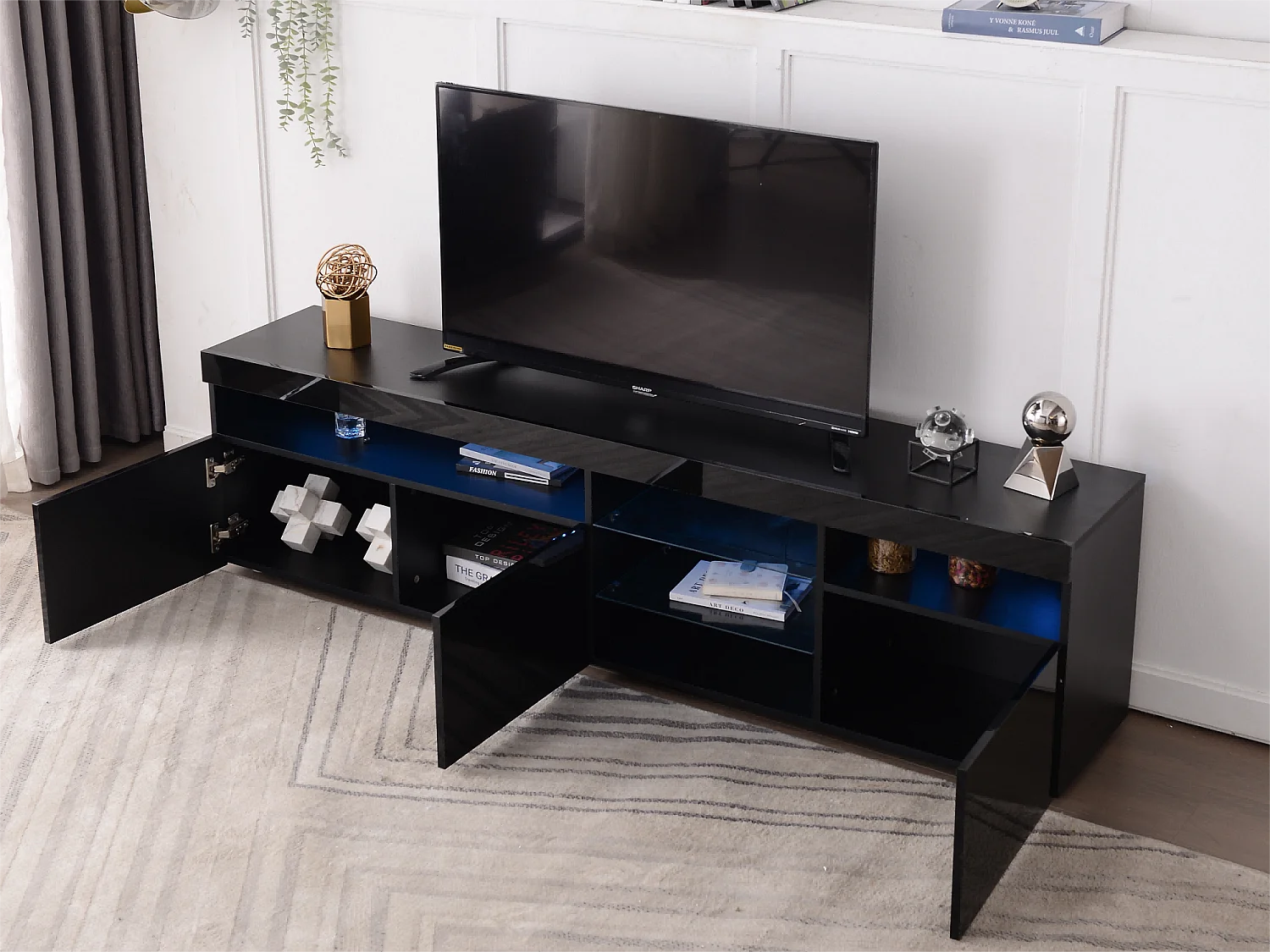 Meuble TV 180 cm - 3 portes et 3 niches - LEDs - laqué noir brillant