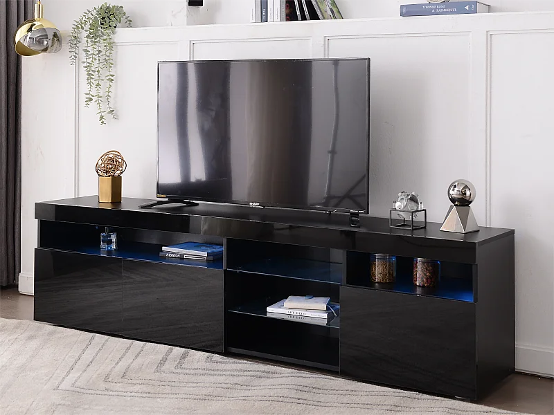 Meuble TV 180 cm - 3 portes et 3 niches - LEDs - laqué noir brillant