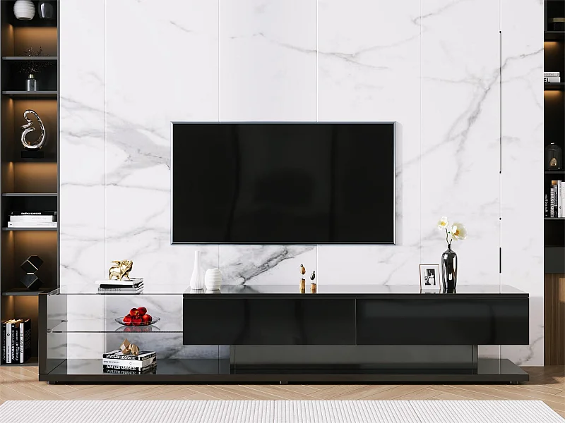 170 cm TV-Möbel – 2 Schubladen und Glasböden – LEDs – schwarz glänzend