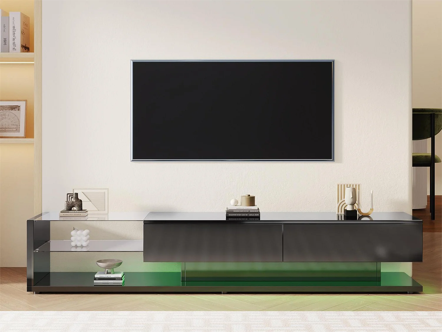 Meubles TV 170 cm - 2 tiroirs et étagères verre - leds - noir brillant