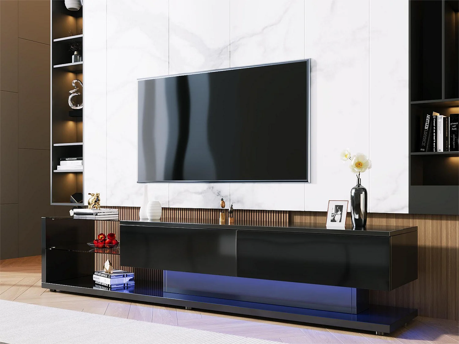 Meubles TV 170 cm - 2 tiroirs et étagères verre - leds - noir brillant