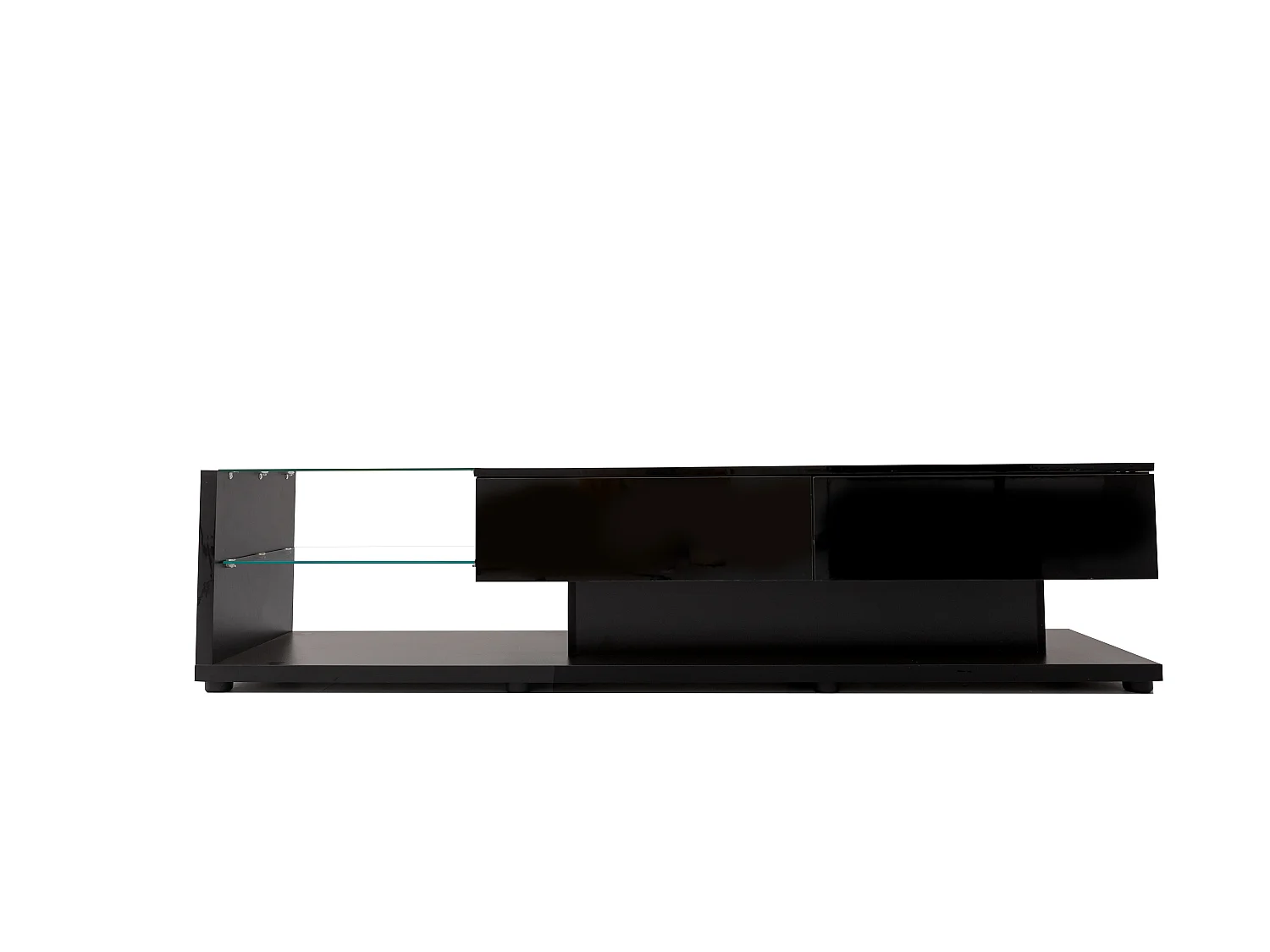 Meubles TV 170 cm - 2 tiroirs et étagères verre - leds - noir brillant