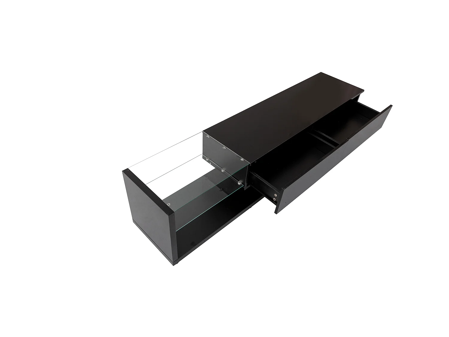 Meubles TV 170 cm - 2 tiroirs et étagères verre - leds - noir brillant