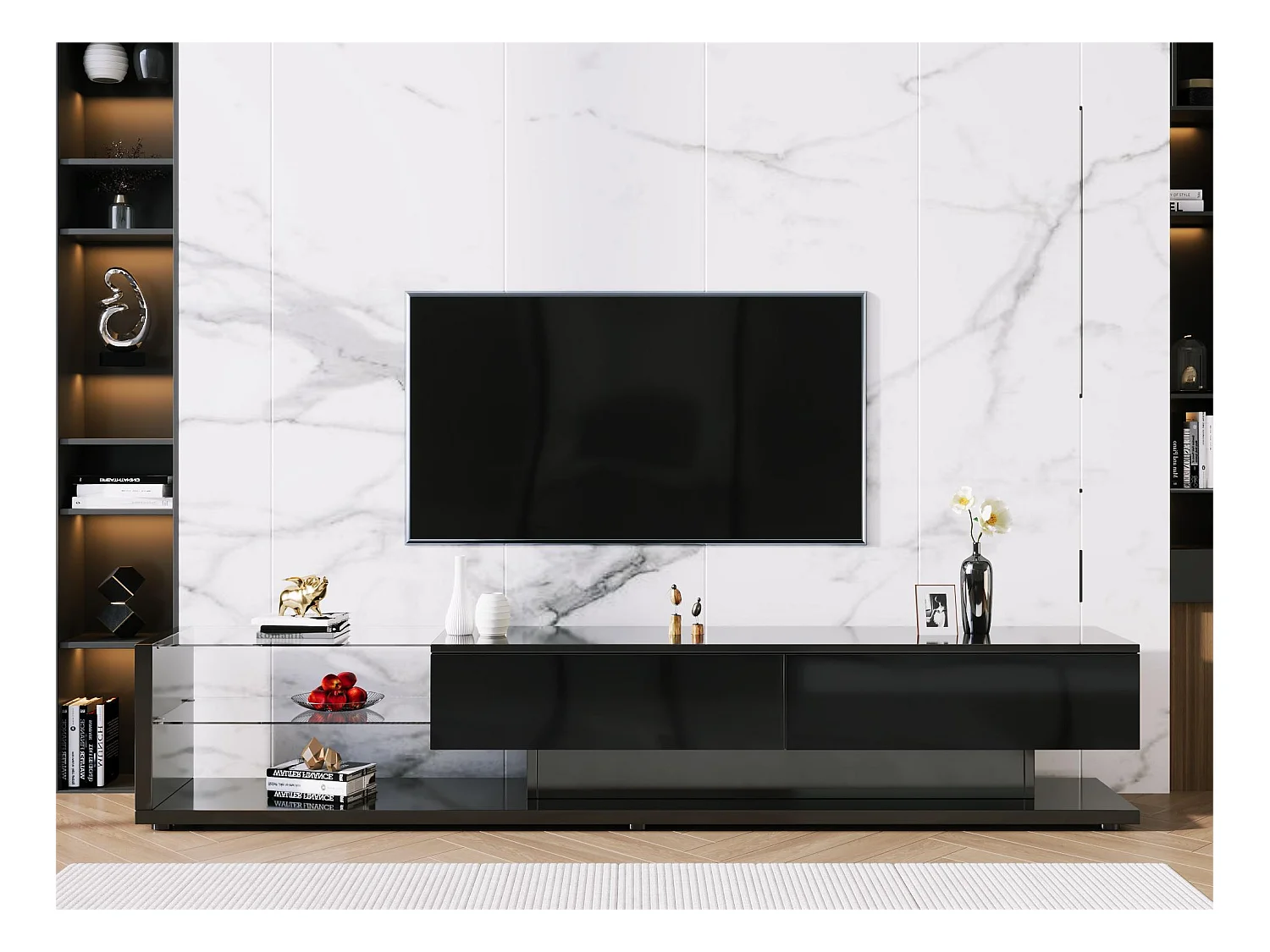Meubles TV 170 cm - 2 tiroirs et étagères verre - leds - noir brillant