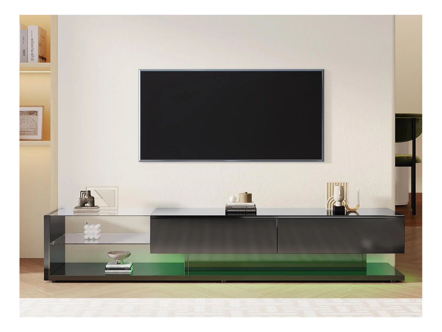 TV-meubel 170 cm - 2 lades en glazen planken - LED's - glanzend zwart