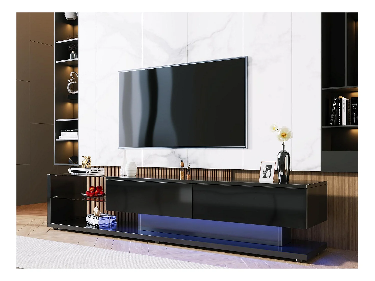 TV-meubel 170 cm - 2 lades en glazen planken - LED's - glanzend zwart