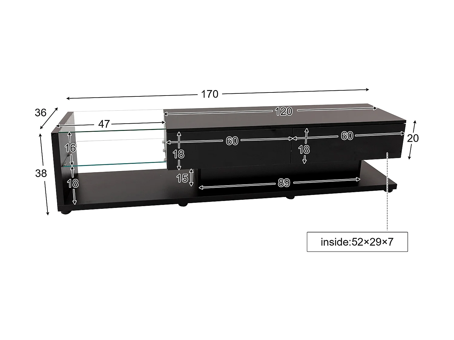 TV-meubel 170 cm - 2 lades en glazen planken - LED's - glanzend zwart