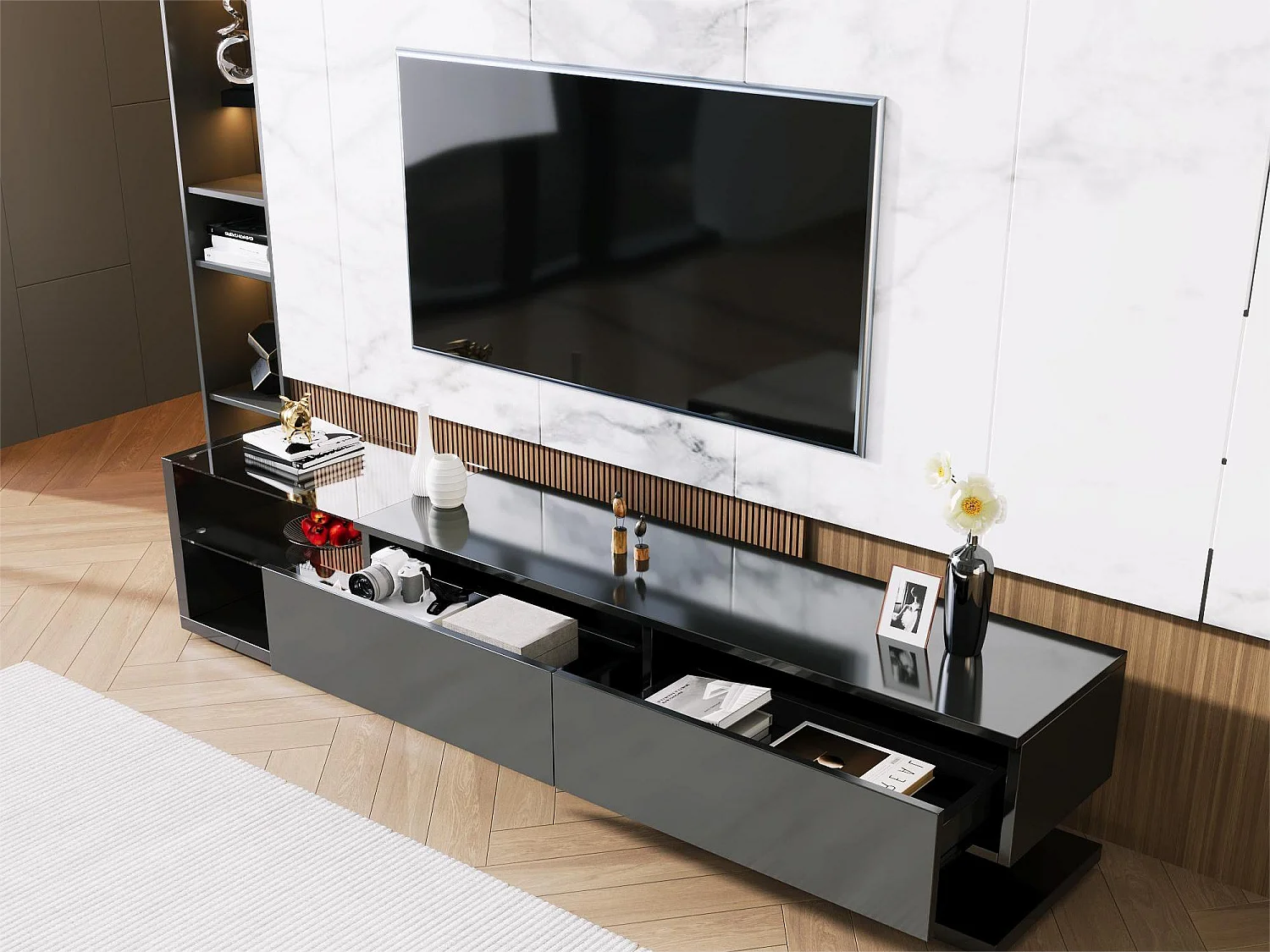 Szafka RTV 170 cm - 2 szuflady i półki szklane - LED-y - połysk czarny