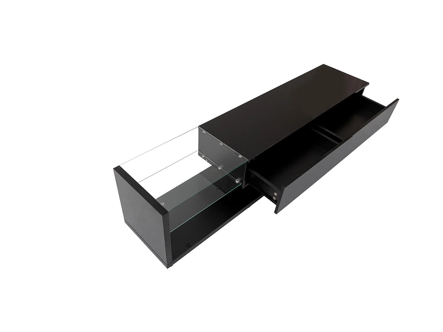 Szafka RTV 170 cm - 2 szuflady i półki szklane - LED-y - połysk czarny