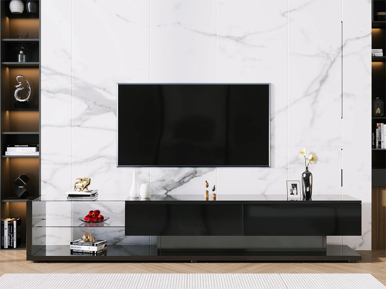 TV-meubel 170 cm - 2 lades en glazen planken - LED's - glanzend zwart