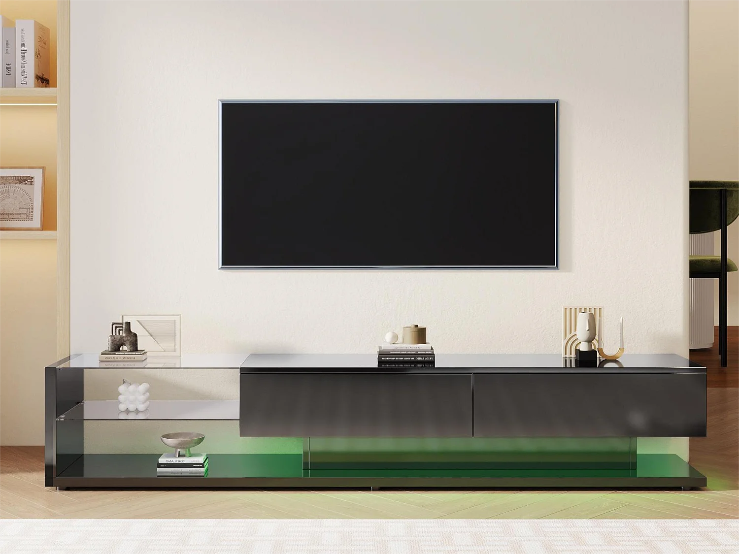 TV-meubel 170 cm - 2 lades en glazen planken - LED's - glanzend zwart