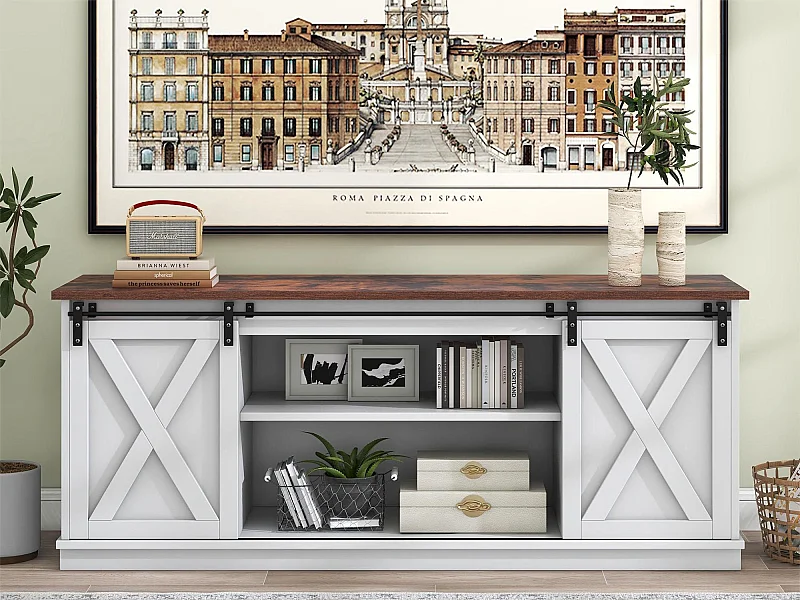 Mobile TV 150 cm - 2 ante scorrevoli e 2 ripiani regolabili - MDF e metallo - bianco e marrone