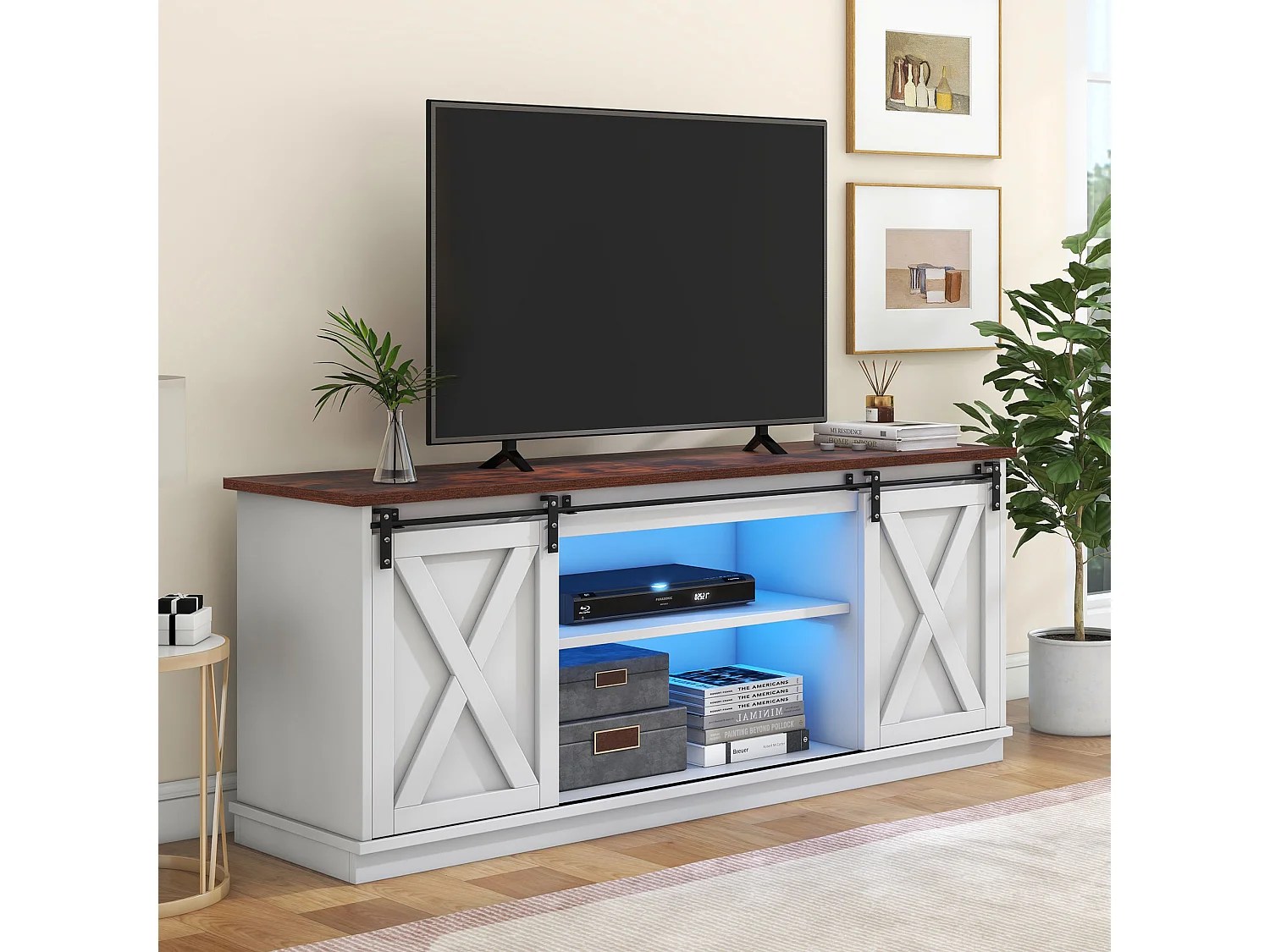 TV-meubel 150 cm - 2 schuifdeuren en 2 verstelbare planken - MDF en metaal - wit en bruin