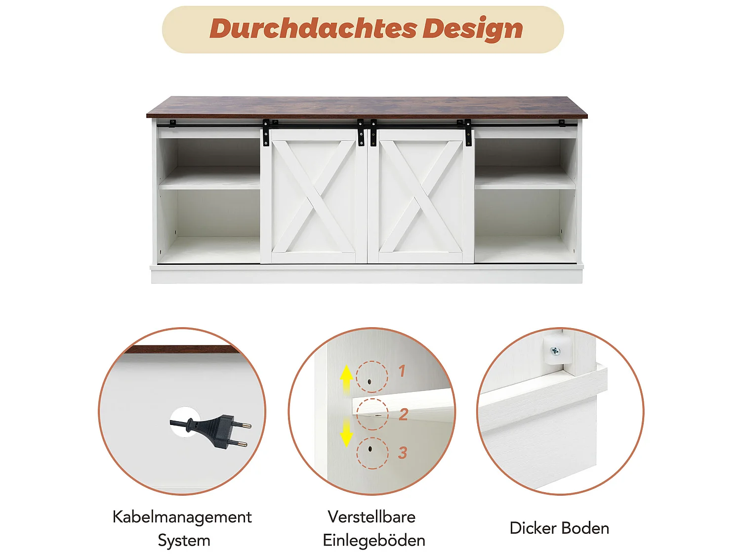 TV-meubel 150 cm - 2 schuifdeuren en 2 verstelbare planken - MDF en metaal - wit en bruin