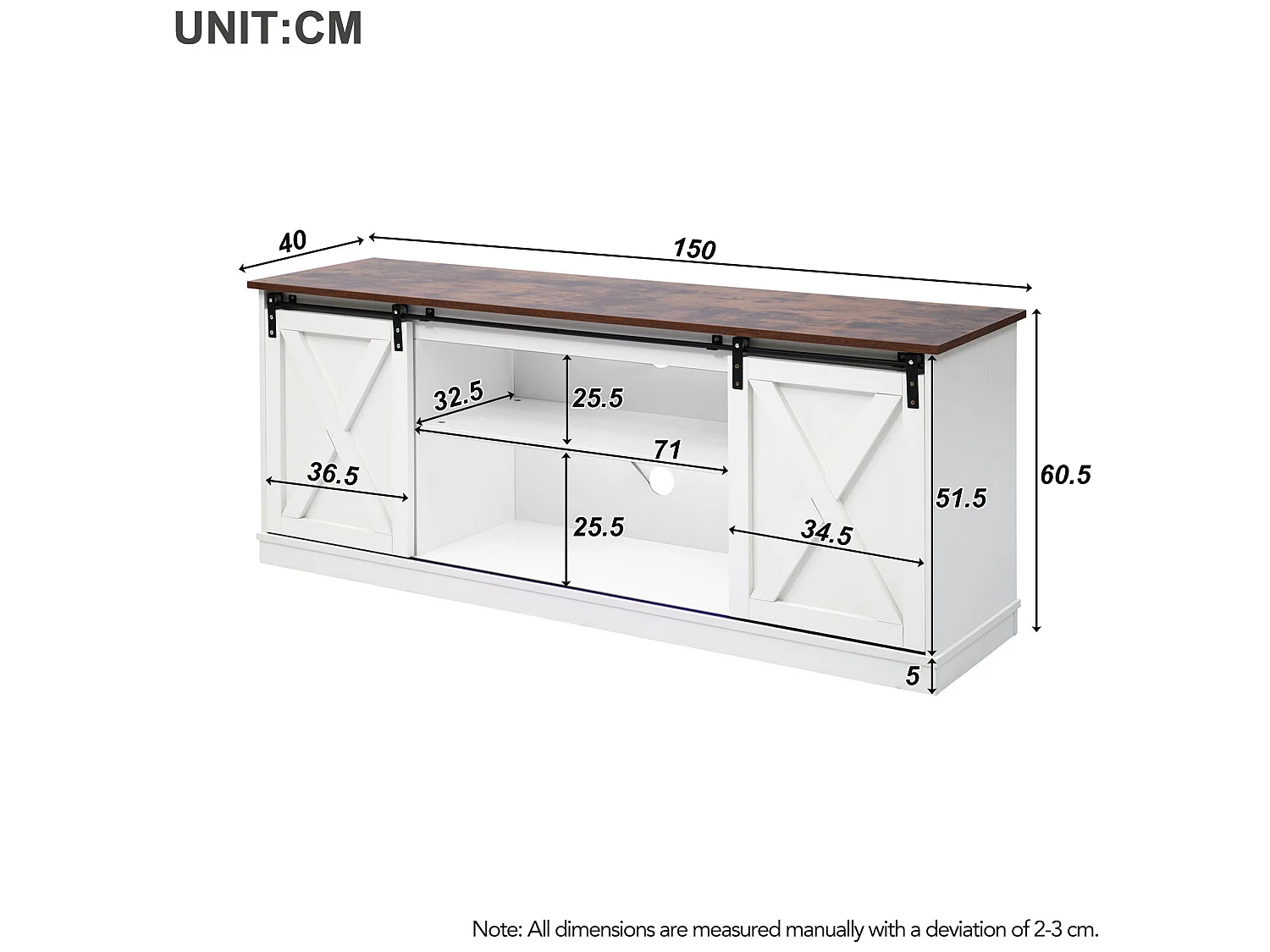 TV-meubel 150 cm - 2 schuifdeuren en 2 verstelbare planken - MDF en metaal - wit en bruin