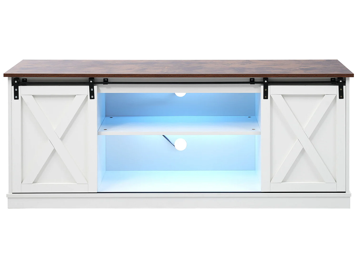 TV-meubel 150 cm - 2 schuifdeuren en 2 verstelbare planken - MDF en metaal - wit en bruin