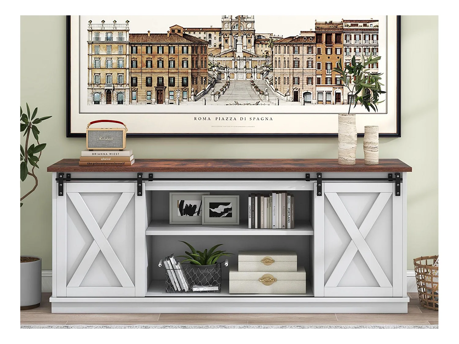 Meuble TV 150 cm - 2 portes coulissantes et 2 étagères réglable - MDF et métal - blanc et marron