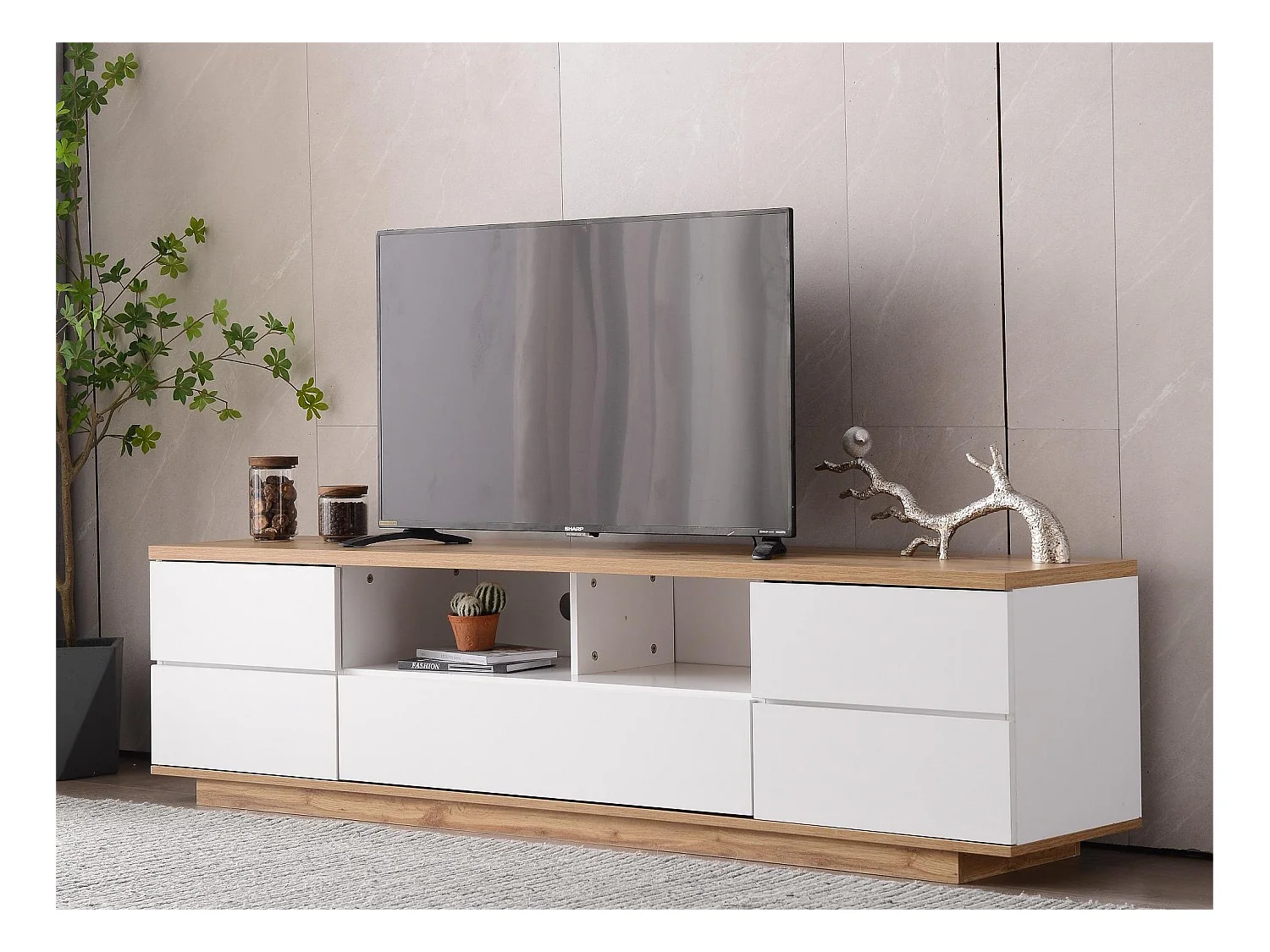 Meuble TV 180 cm - 5 portes et 2 niches - MDF - placage naturel et blanc