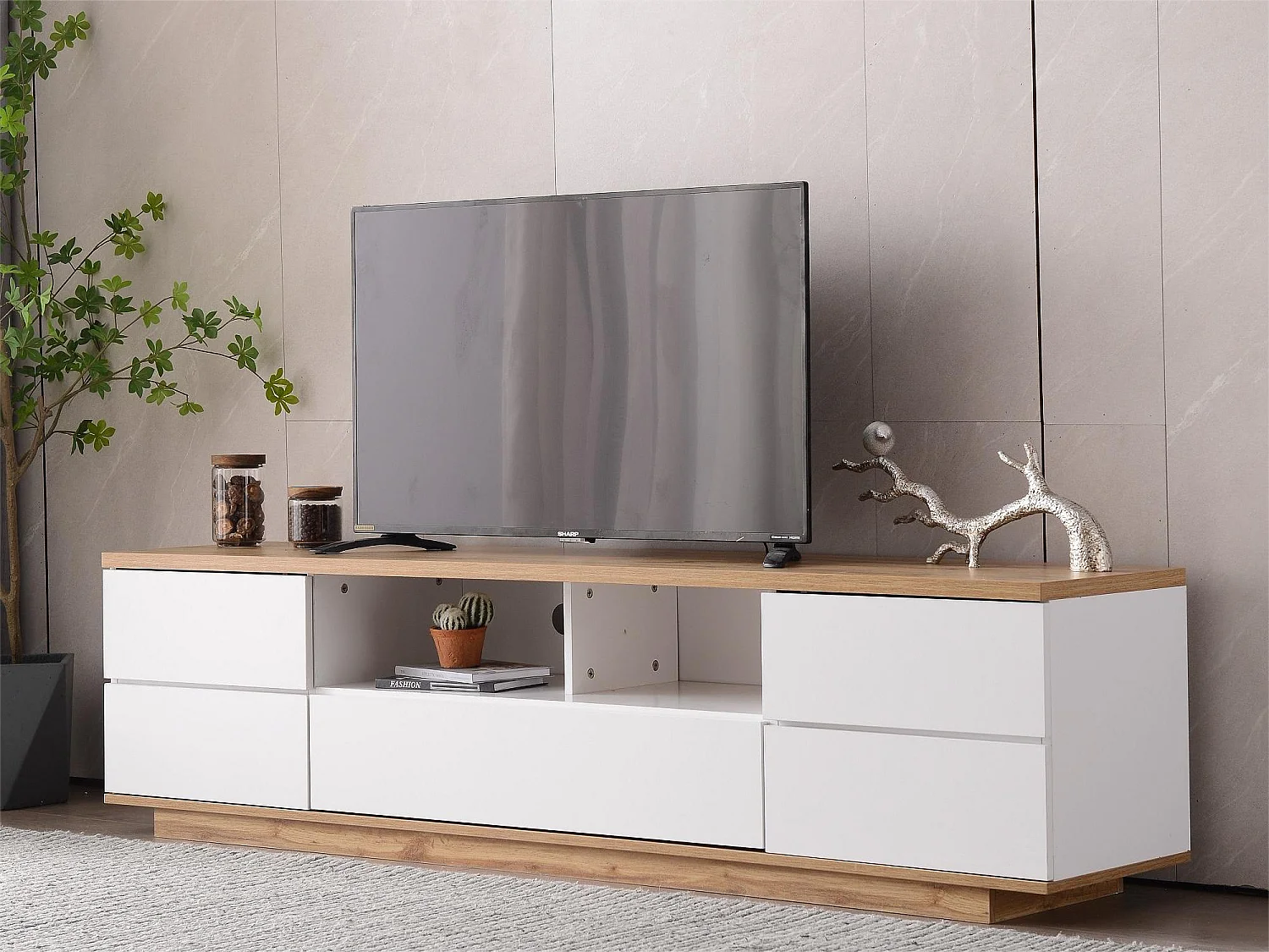 Meuble TV 180 cm - 5 portes et 2 niches - MDF - placage naturel et blanc