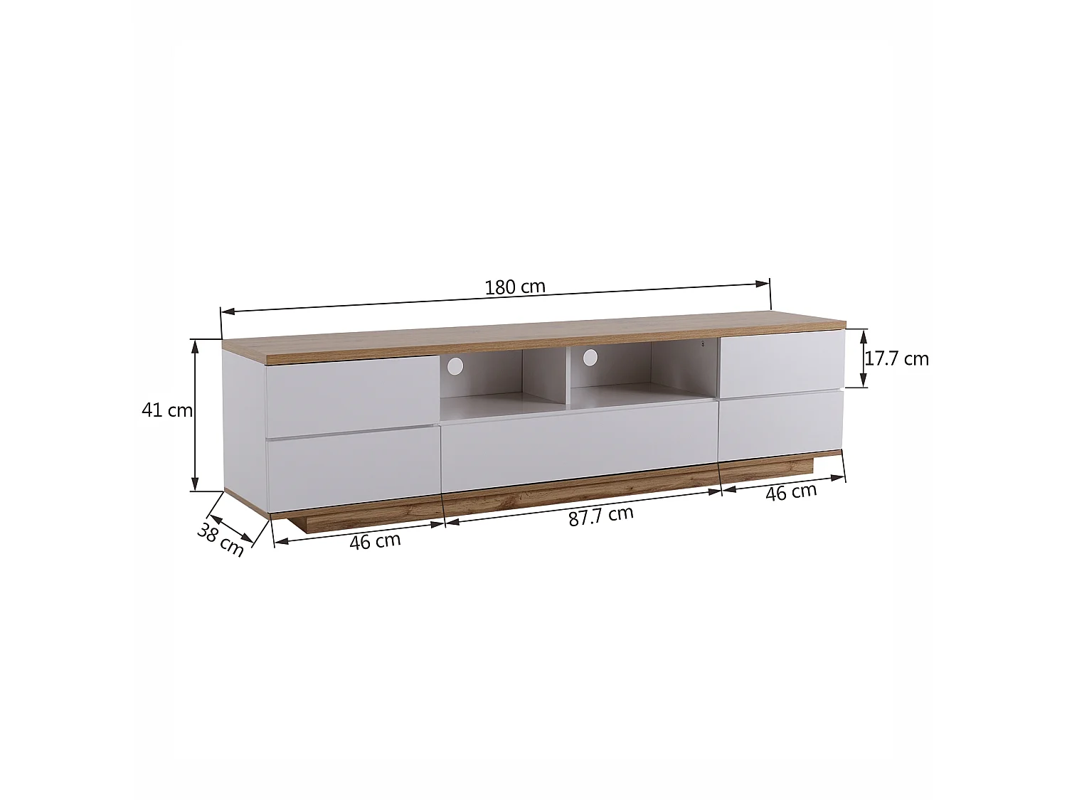 Meuble TV 180 Cm Blanc Avec Portes Nid D'abeille - Poignées Dorées - Pour TV Jusqu'à 200 Cm - Passe-câbles