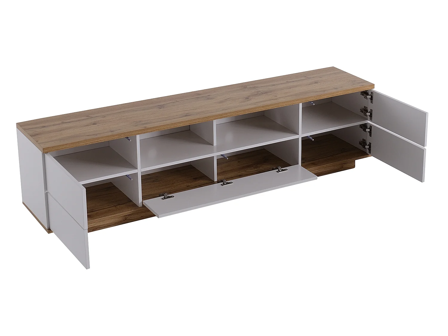 Meuble TV 180 cm - 5 portes et 2 niches - MDF - placage naturel et blanc