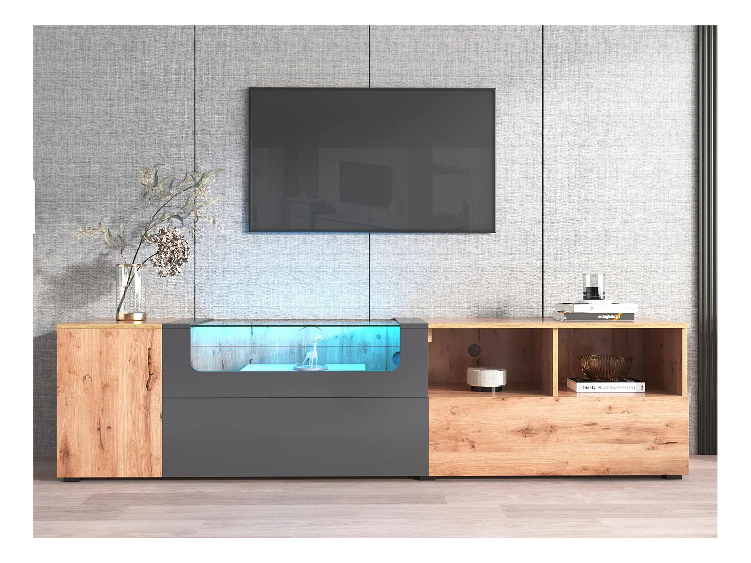 Meubles TV 190 cm - 3 portes et 3 niches, étagère verre - leds- placage naturel et gris