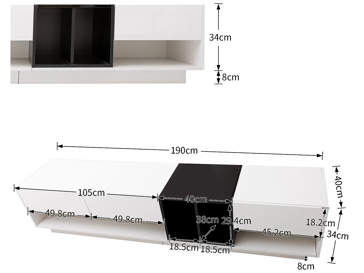 Móvel TV 190 cm - 3 gavetas e 4 nichos - aglomerado - cores branco e preto